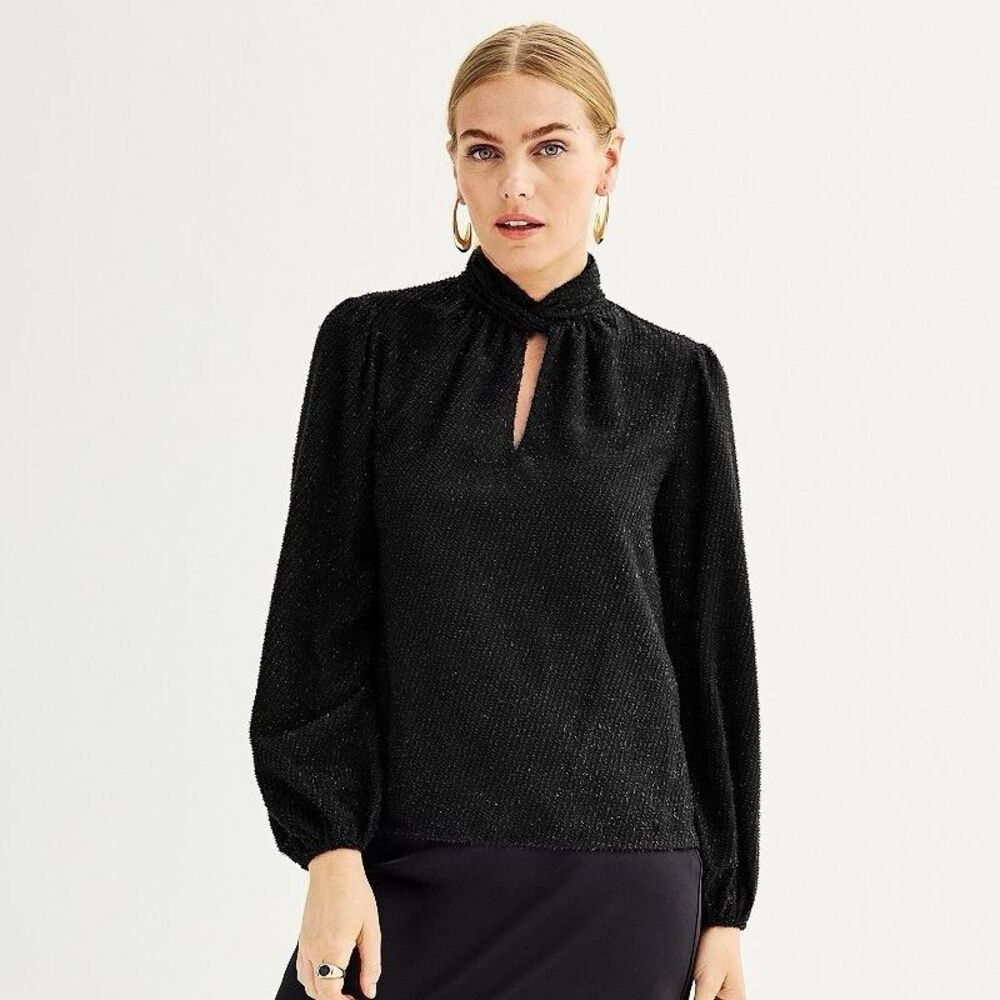 Nine West Women’s Black Metallic Twist Neck Long Sleeve Blouse Cocktail XL NWT’s